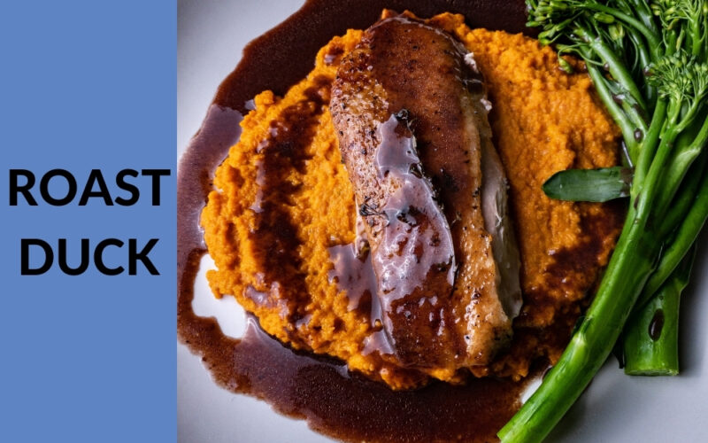 Roast Duck, Confit Carrot Puree, Orange & Red Wine Sauce Roast Duck